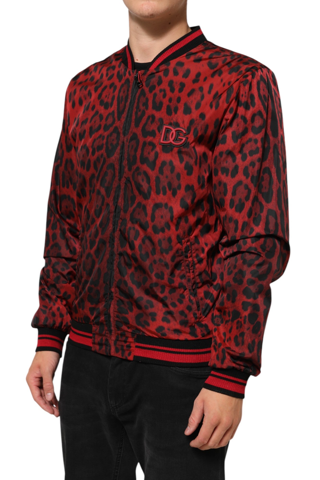 Dolce & Gabbana Red Leopard Print Full Zip Bomber Jacket Mens Jacket