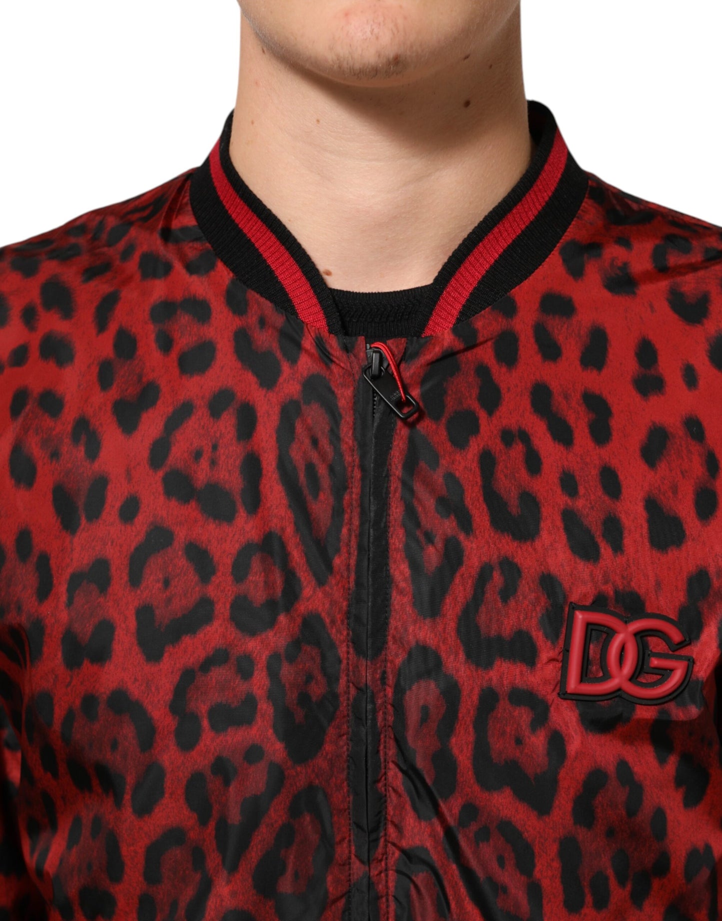 Dolce & Gabbana Red Leopard Print Full Zip Bomber Jacket Mens Jacket