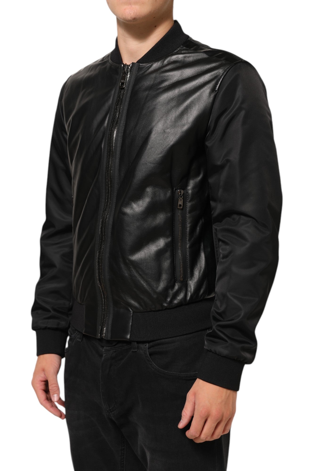Dolce & Gabbana Black Leather Nylon FullZip Blouson Jacket Mens Jacket
