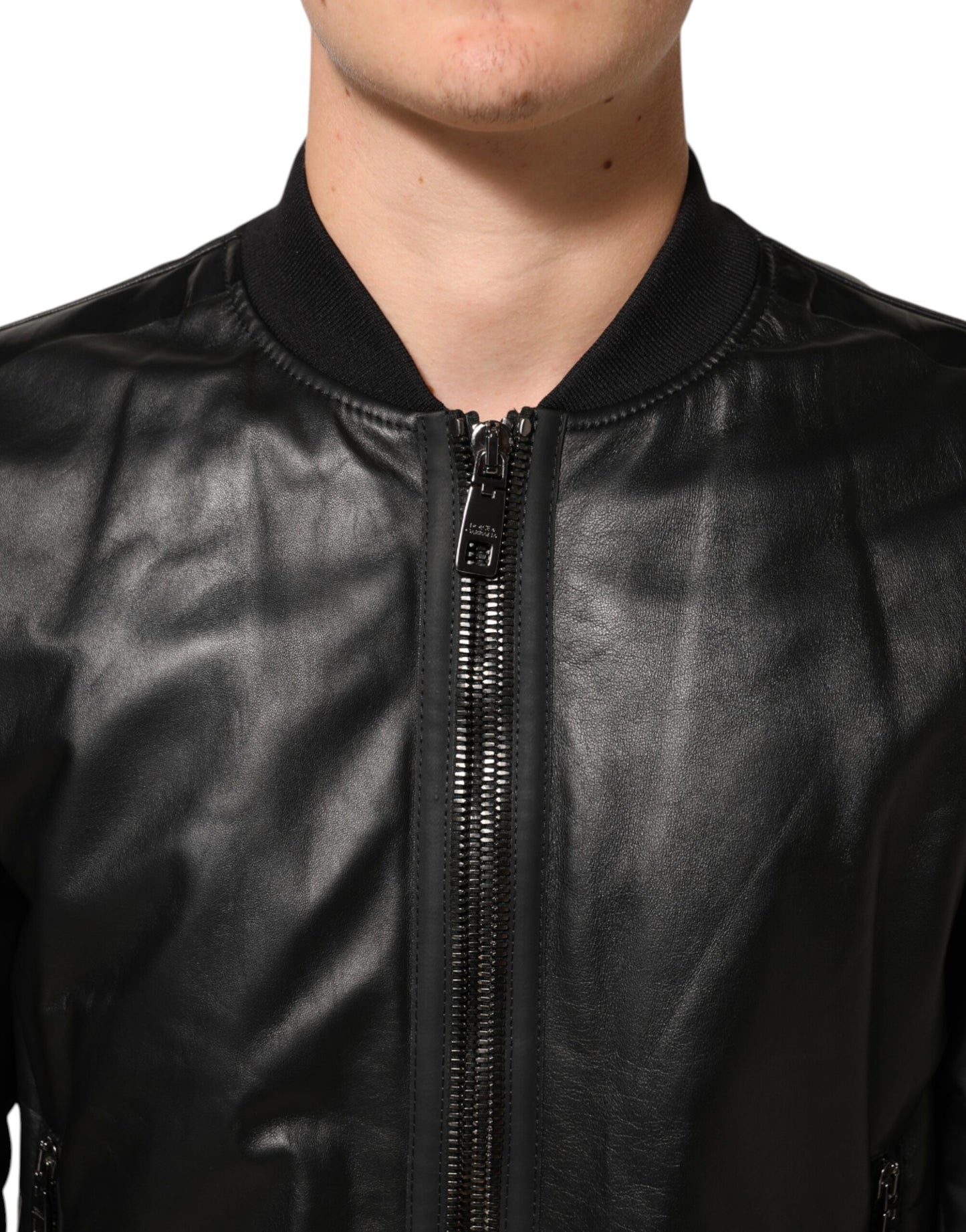 Dolce & Gabbana Black Leather Nylon FullZip Blouson Jacket Mens Jacket