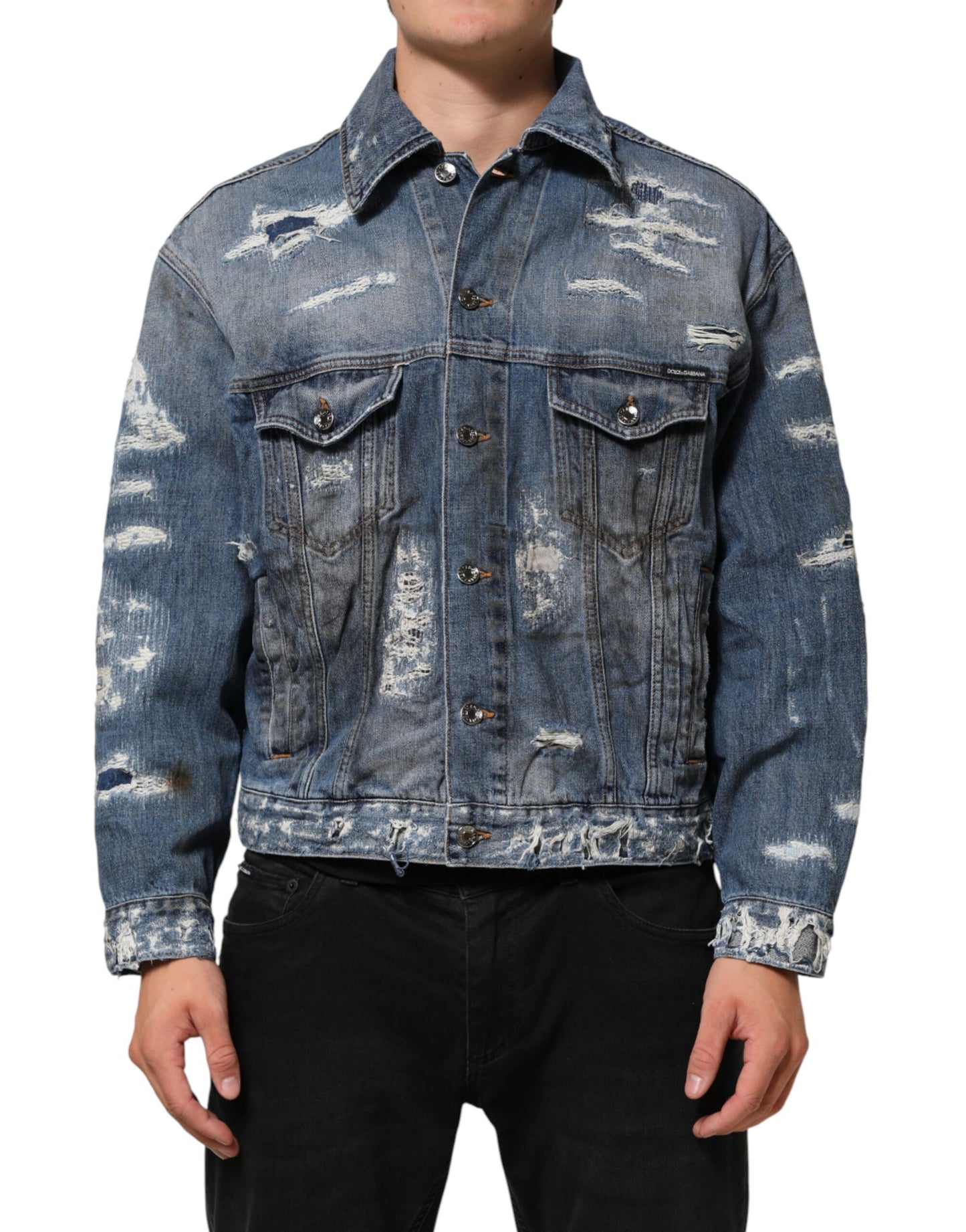 Dolce & Gabbana Blue Cotton Tattered Denim Blouson Jacket Mens Jacket