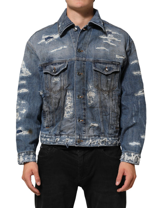 Dolce & Gabbana Blue Cotton Tattered Denim Blouson Jacket Mens Jacket