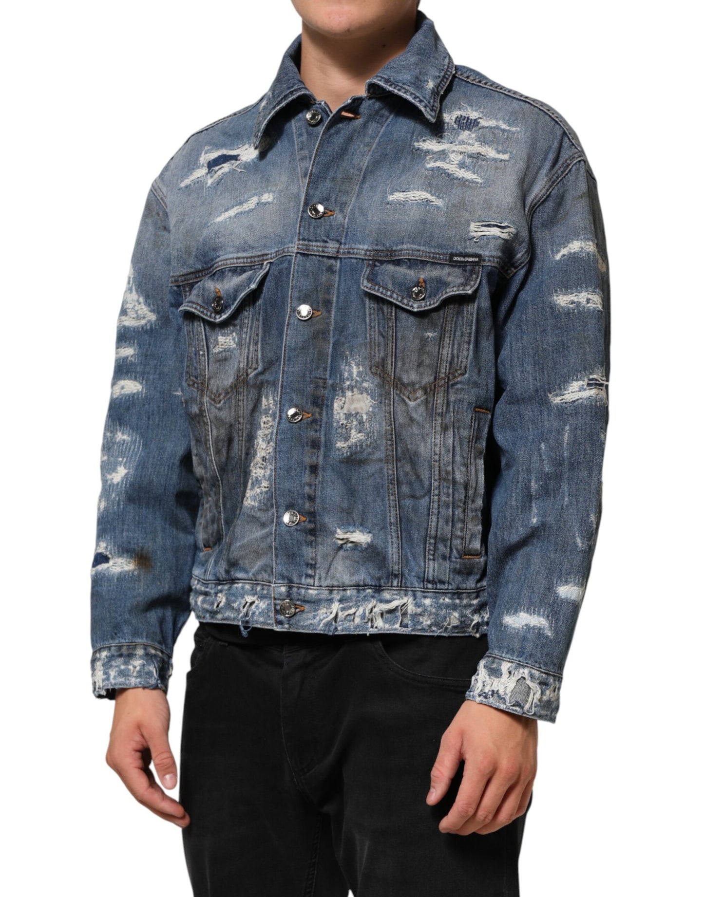 Dolce & Gabbana Blue Cotton Tattered Denim Blouson Jacket Mens Jacket