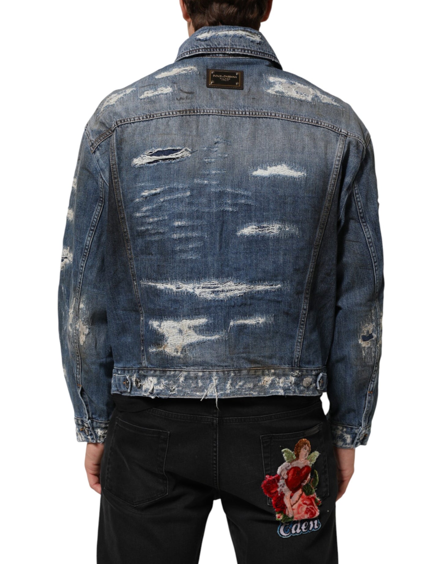 Dolce & Gabbana Blue Cotton Tattered Denim Blouson Jacket Mens Jacket