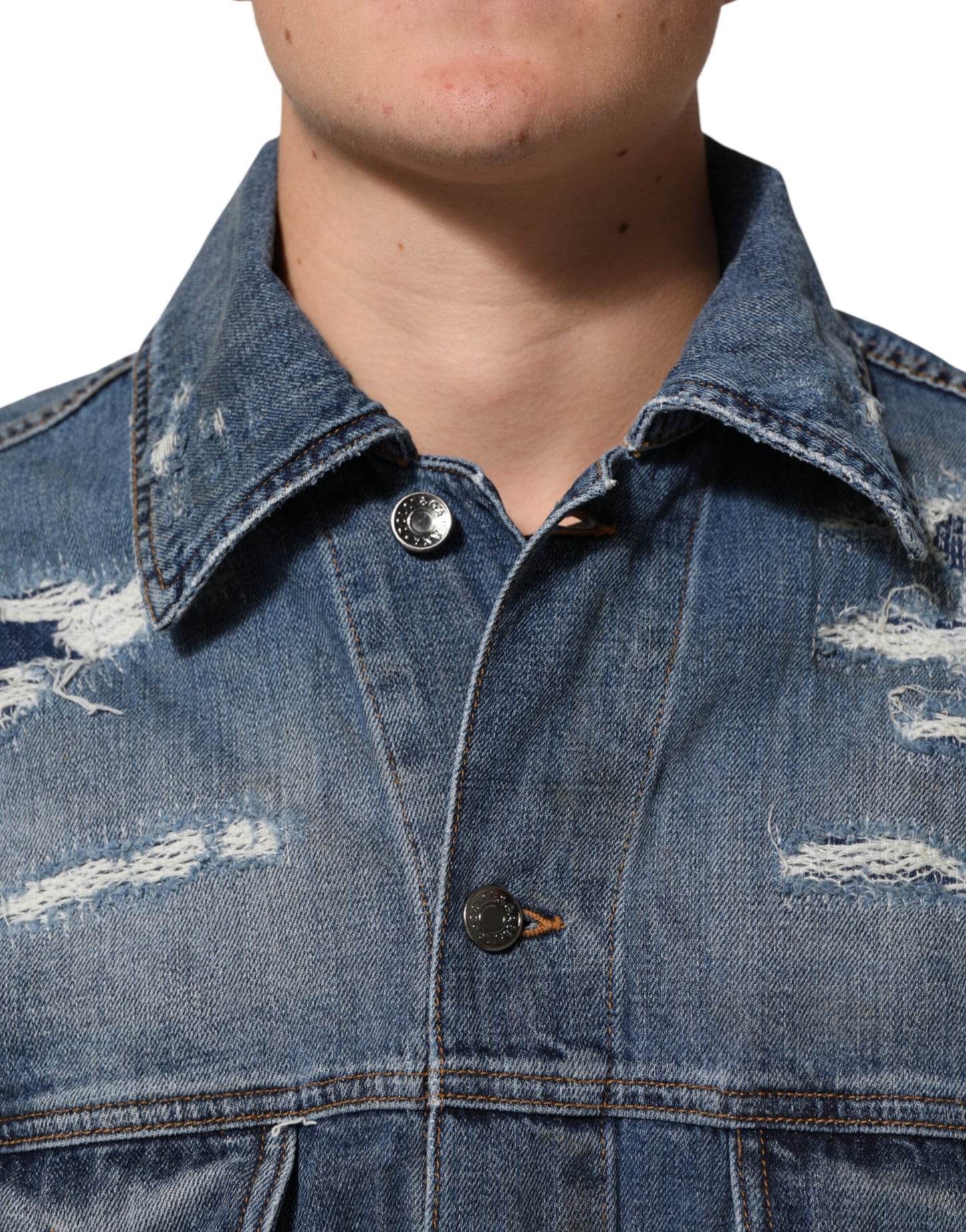 Dolce & Gabbana Blue Cotton Tattered Denim Blouson Jacket Mens Jacket