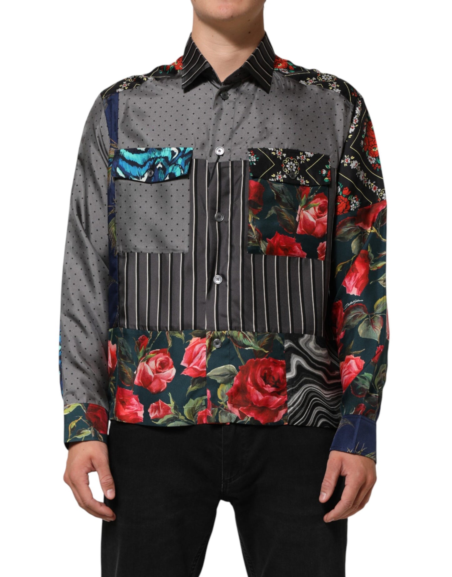 Dolce & Gabbana Multicolor Patchwork Long Sleeves Silk Shirt Mens T-Shirt