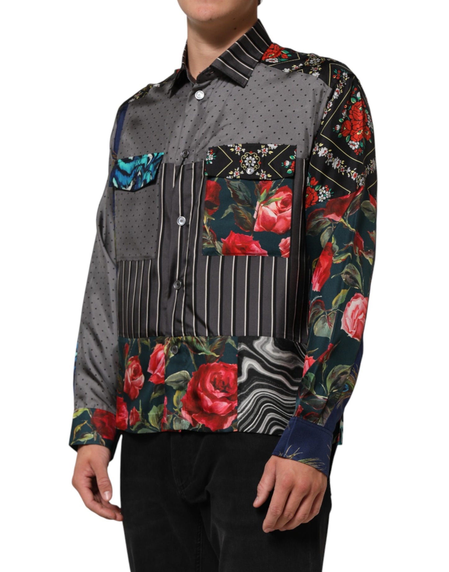 Dolce & Gabbana Multicolor Patchwork Long Sleeves Silk Shirt Mens T-Shirt