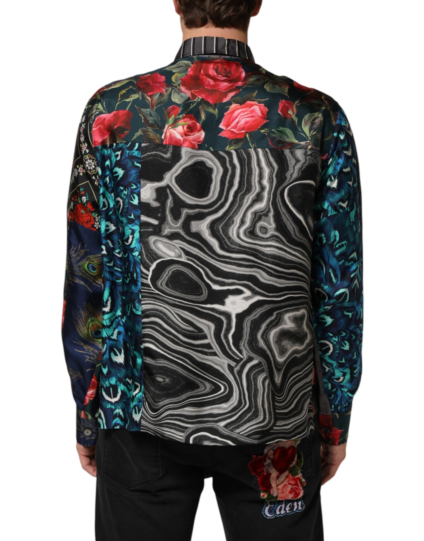 Dolce & Gabbana Multicolor Patchwork Long Sleeves Silk Shirt Mens T-Shirt