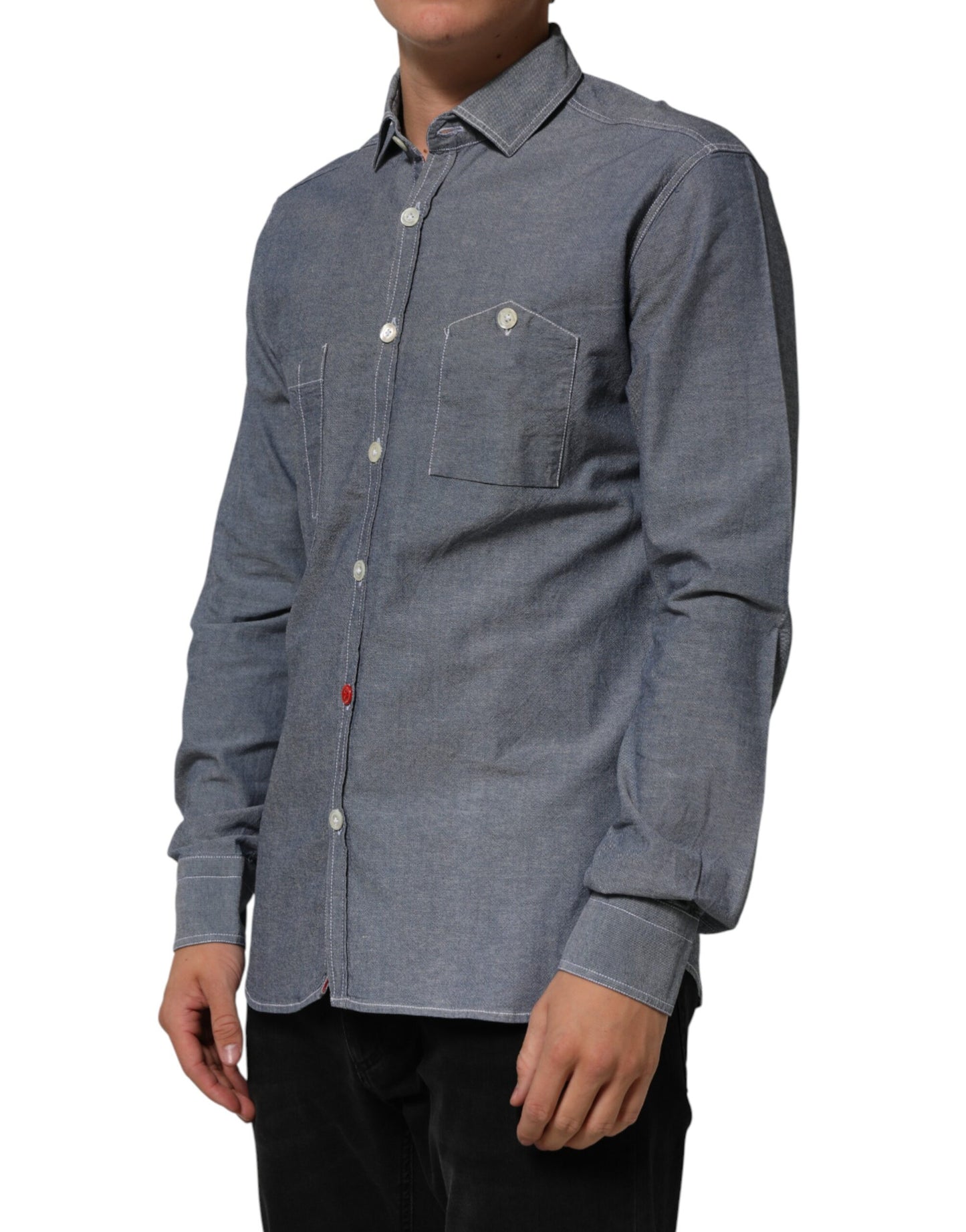 AGLINI Blue Denim Regular Fit Collared Long Sleeve Casual Shirt Mens T-Shirt