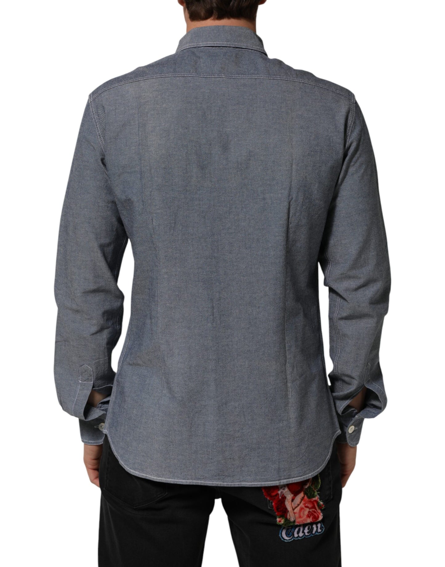 AGLINI Blue Denim Regular Fit Collared Long Sleeve Casual Shirt Mens T-Shirt