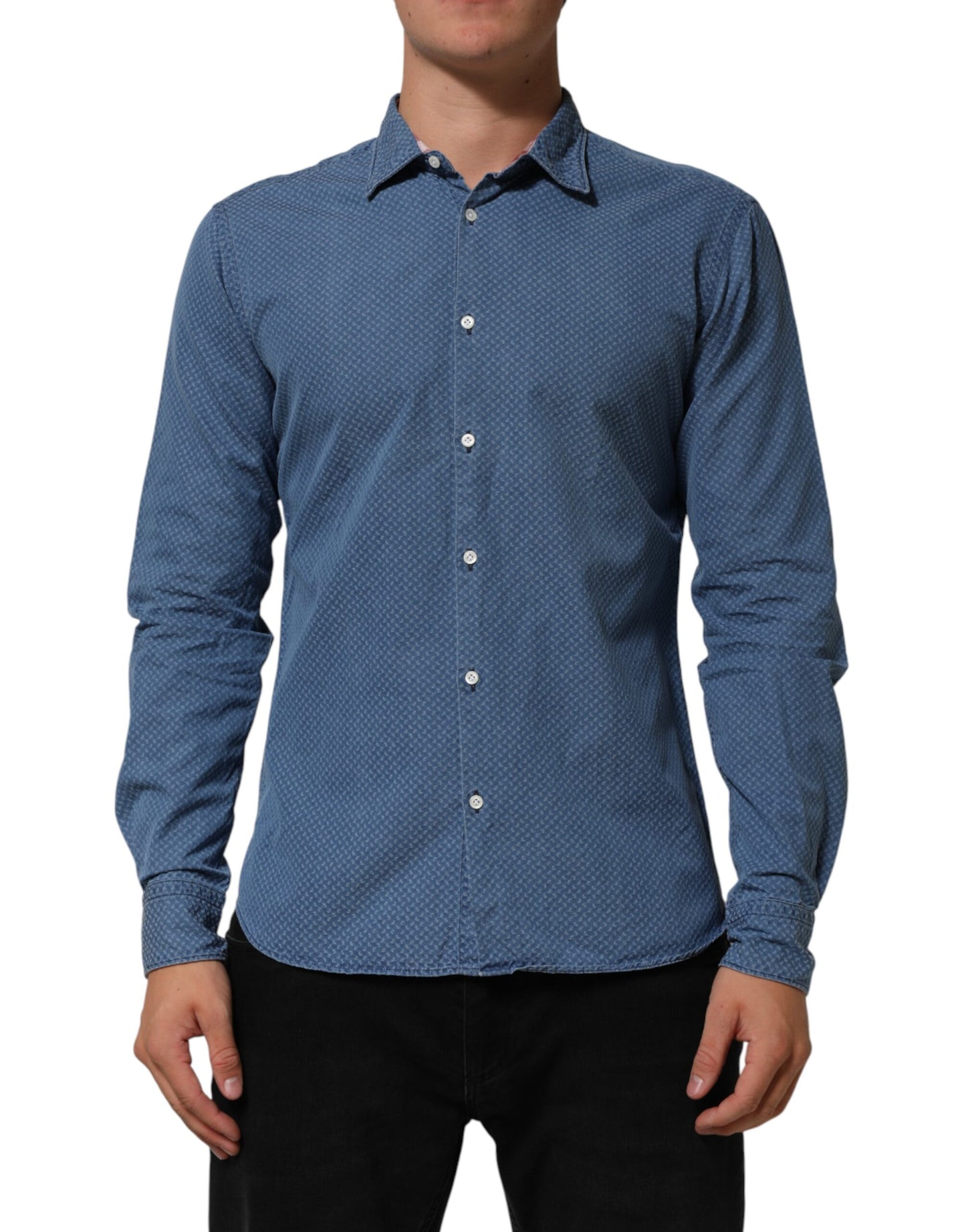 AGLINI Blue Denim Slim Fit Collared Long Sleeve Casual Shirt Mens T-Shirt