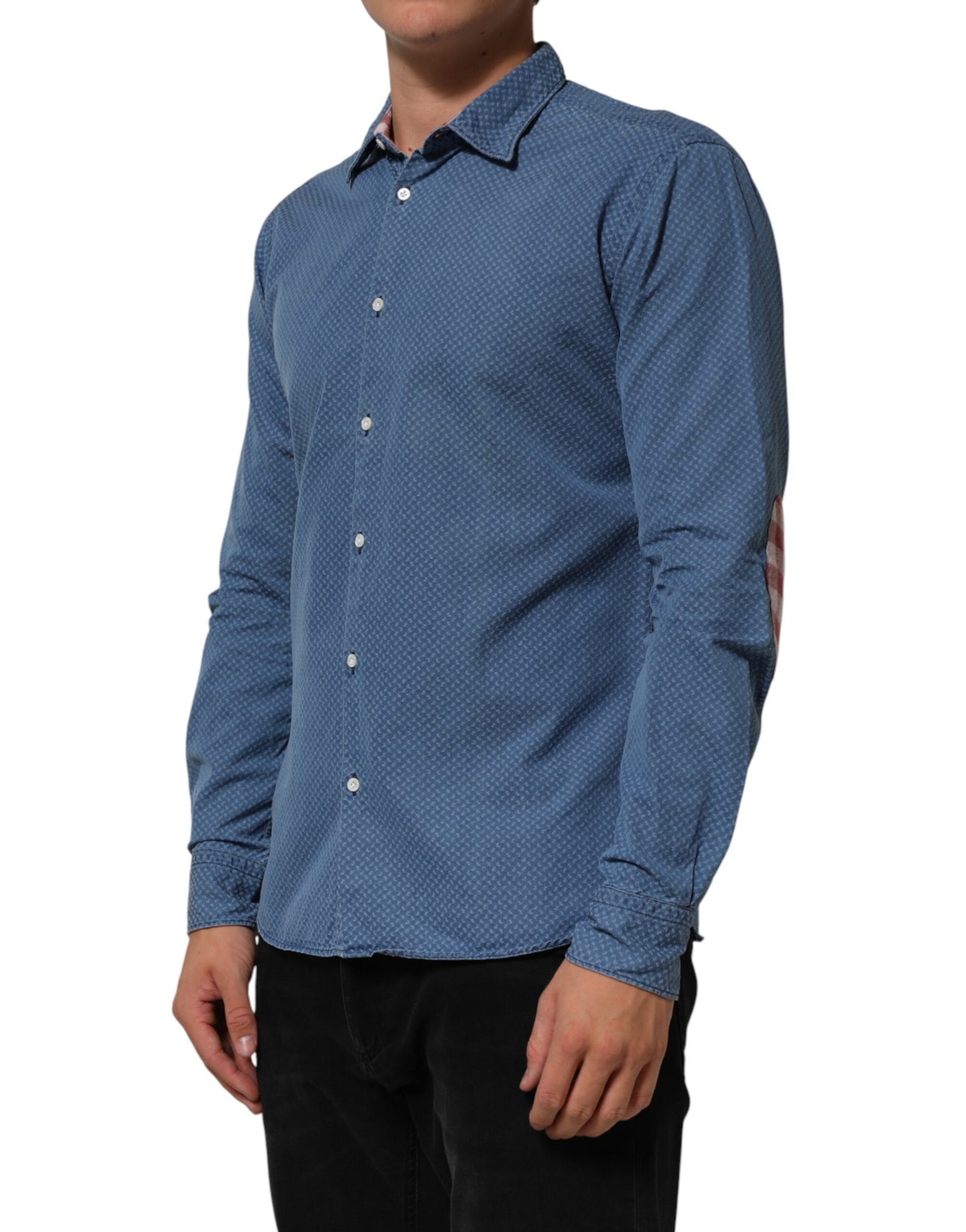 AGLINI Blue Cotton Slim Fit Collared Long Sleeve Casual Shirt Mens T-Shirt