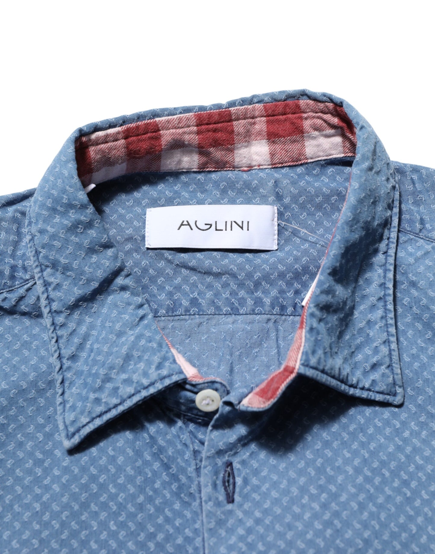AGLINI Blue Cotton Slim Fit Collared Long Sleeve Casual Shirt Mens T-Shirt