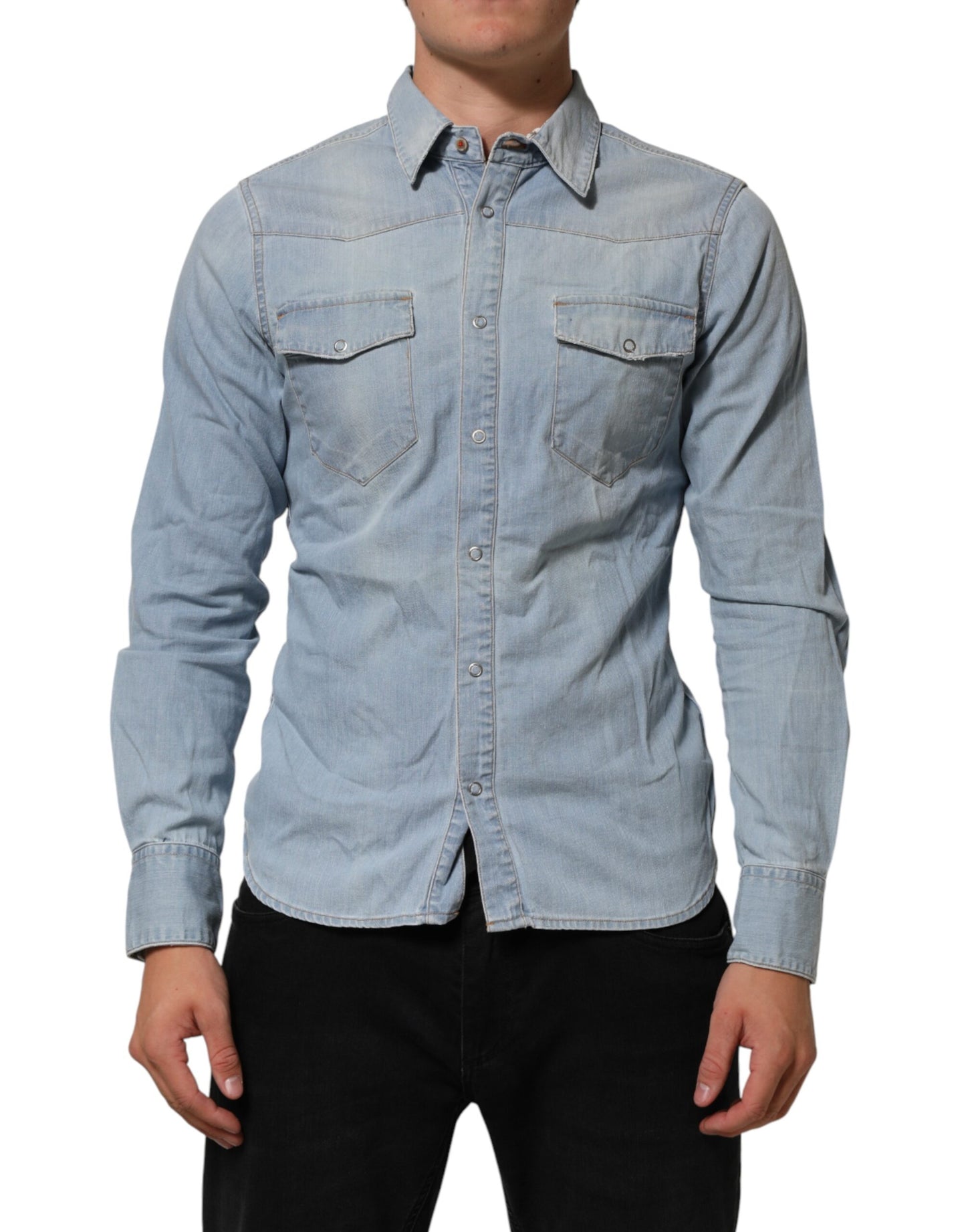Maison Clochard Blue Denim Collared Long Sleeve Men Shirt Mens T-Shirt