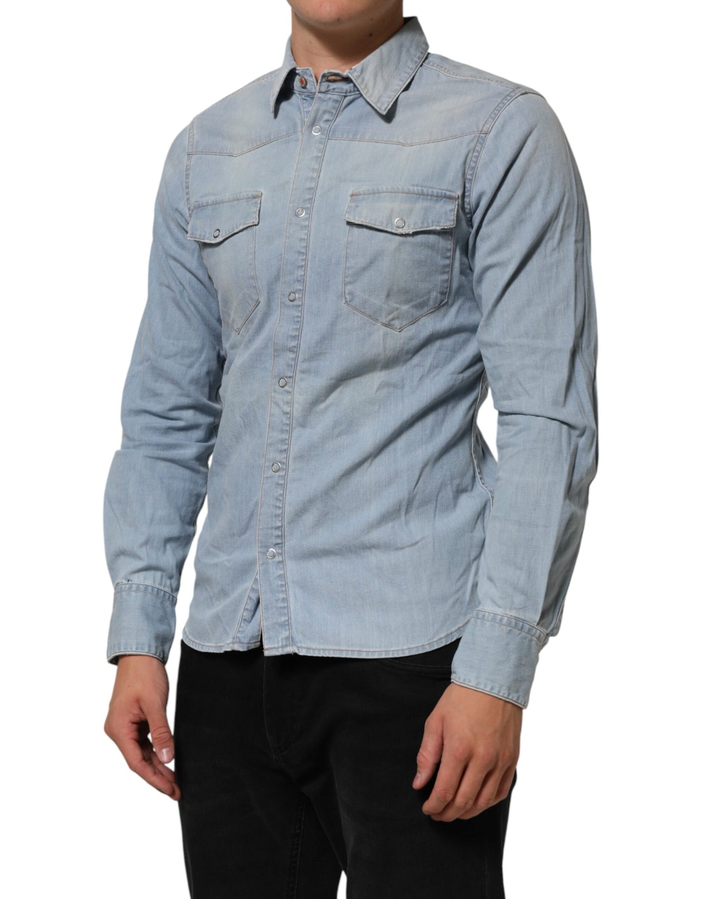 Maison Clochard Blue Denim Collared Long Sleeve Men Shirt Mens T-Shirt