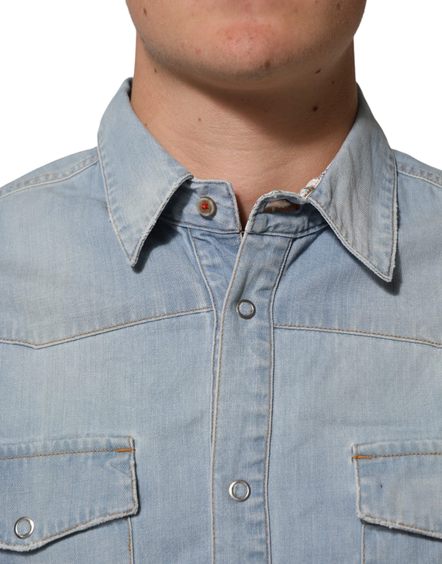 Maison Clochard Blue Denim Collared Long Sleeve Men Shirt Mens T-Shirt