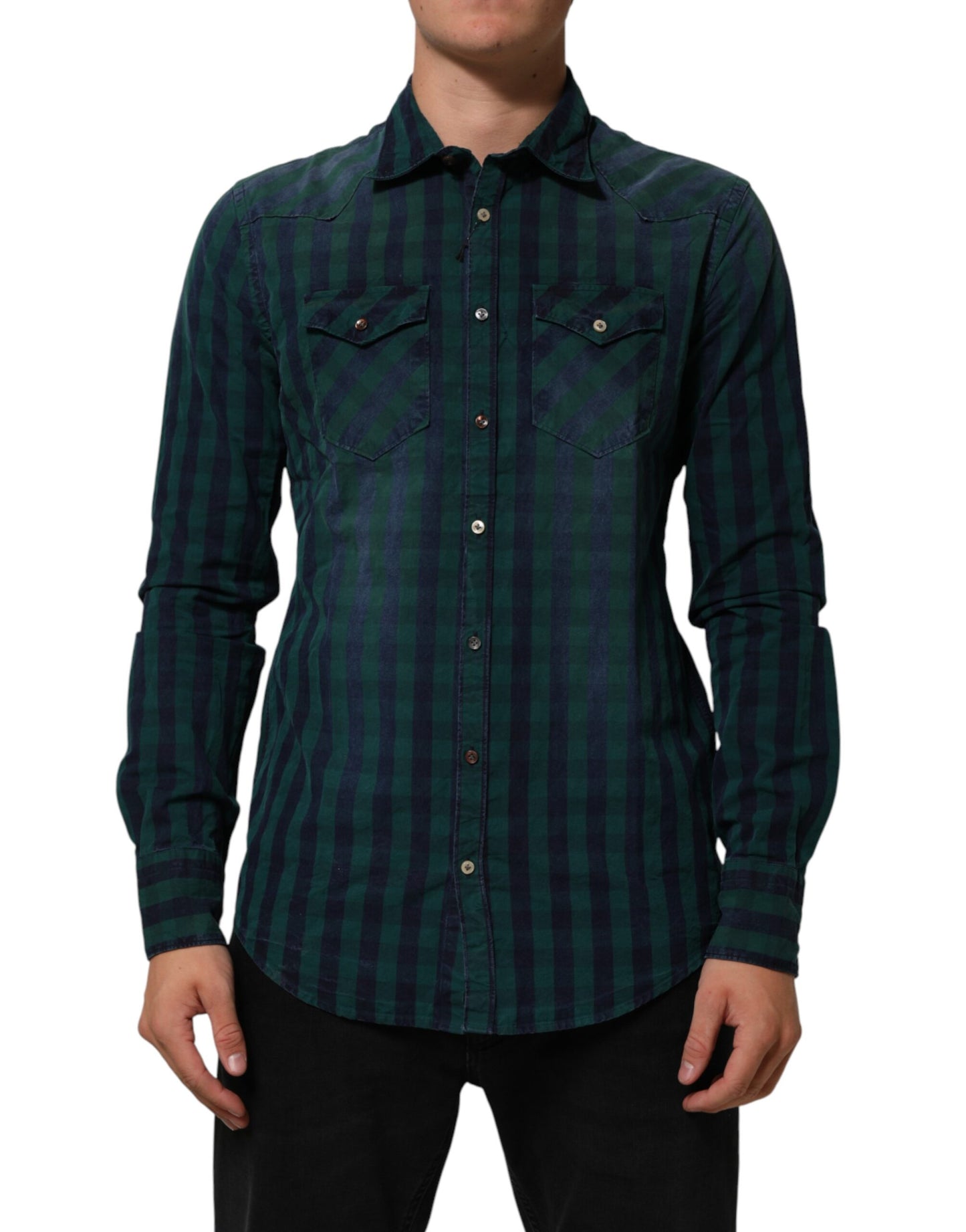 AGLINI Green Checkered Cotton Button Down Long Sleeves Shirt Mens T-Shirt