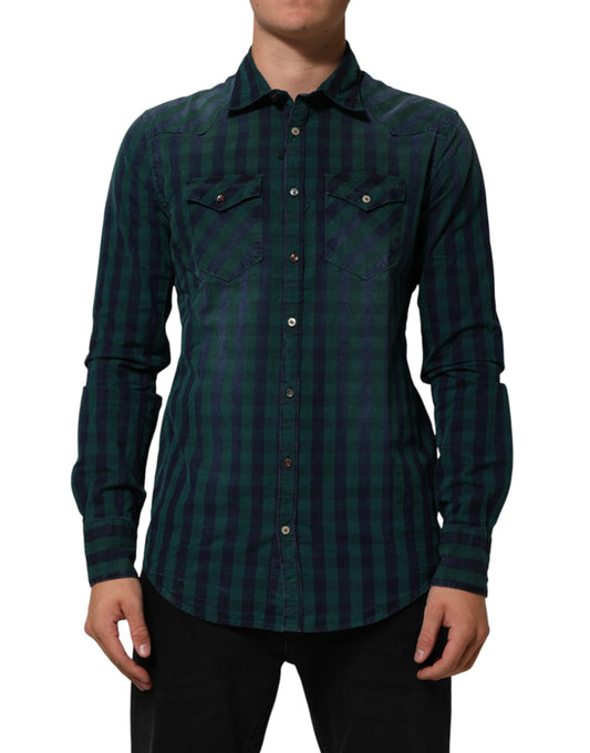 AGLINI Green Checkered Cotton Button Down Long Sleeves Shirt Mens T-Shirt