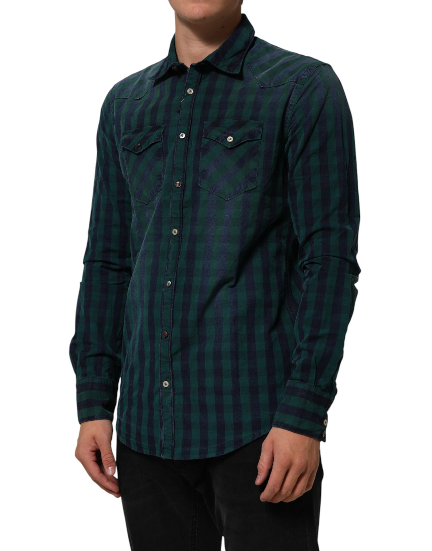 AGLINI Green Checkered Cotton Button Down Long Sleeves Shirt Mens T-Shirt