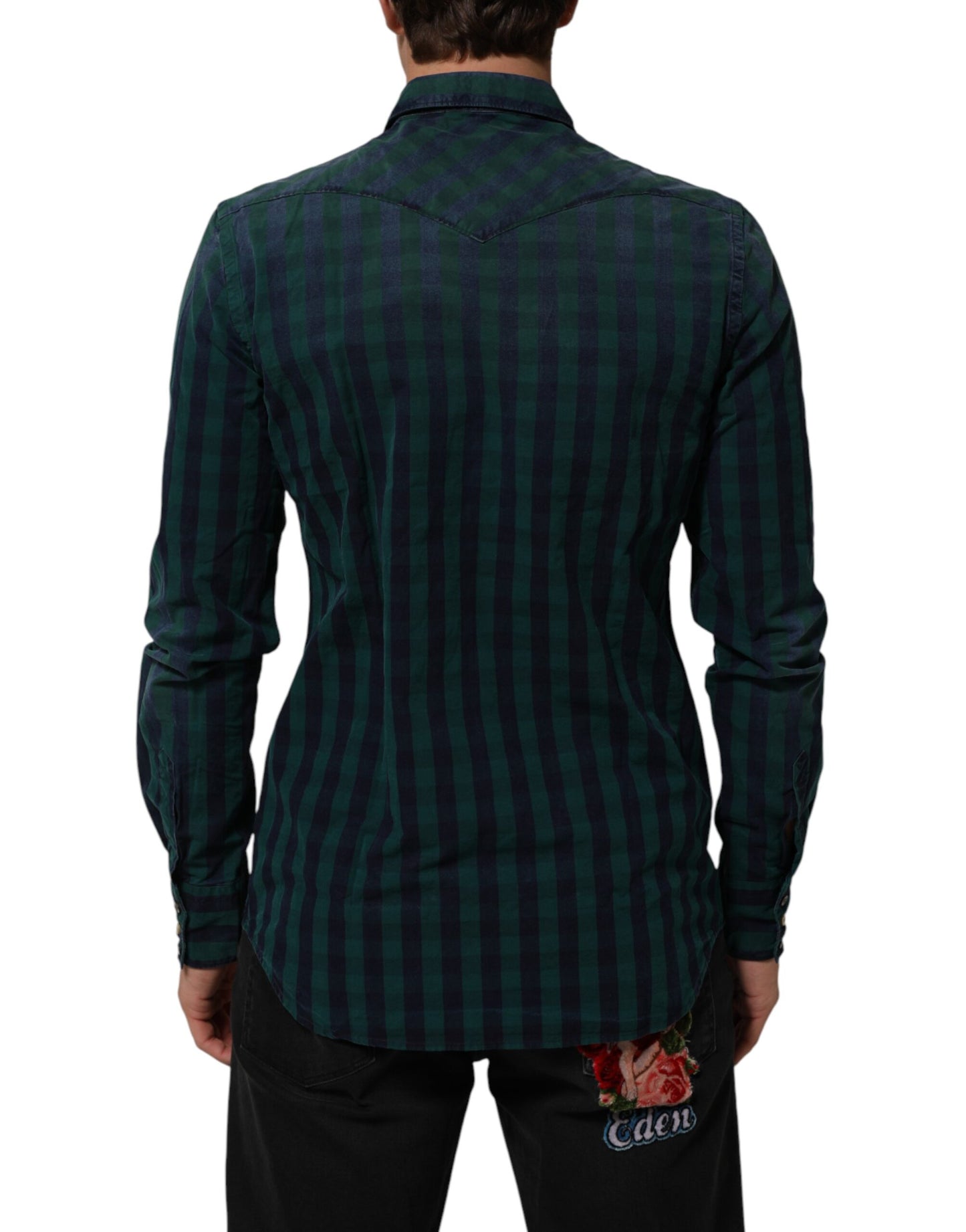 AGLINI Green Checkered Cotton Button Down Long Sleeves Shirt Mens T-Shirt
