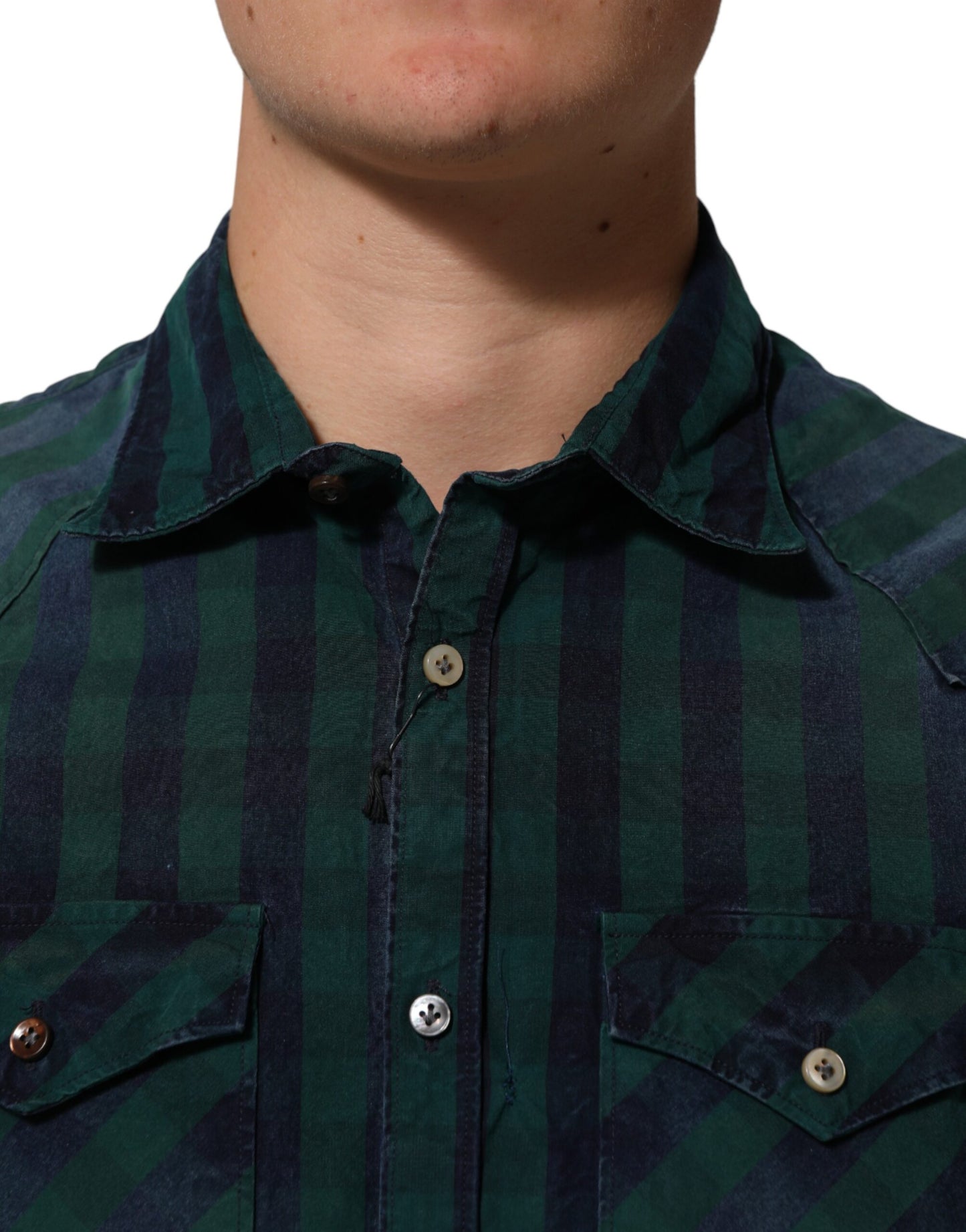 AGLINI Green Checkered Cotton Button Down Long Sleeves Shirt Mens T-Shirt