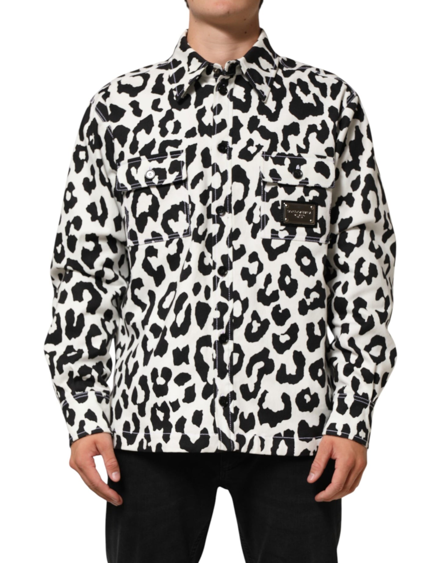 Dolce & Gabbana Black White Leopard Denim Blouson Sweater Mens Sweater