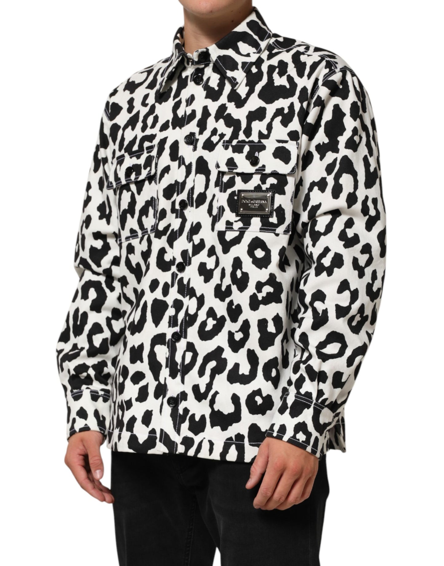 Dolce & Gabbana Black White Leopard Denim Blouson Sweater Mens Sweater