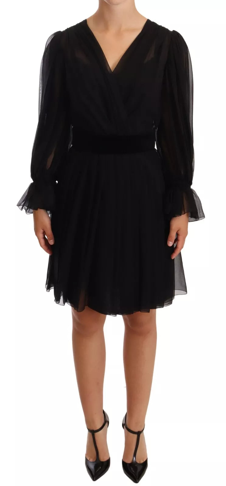 Dolce & Gabbana Black Silk Tulle Long Sleeve V-neck Dress
