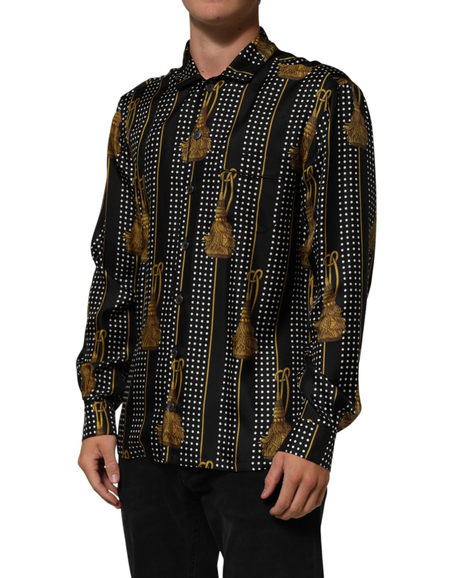 Dolce & Gabbana Black Dotted Tassel Silk Button Down Shirt