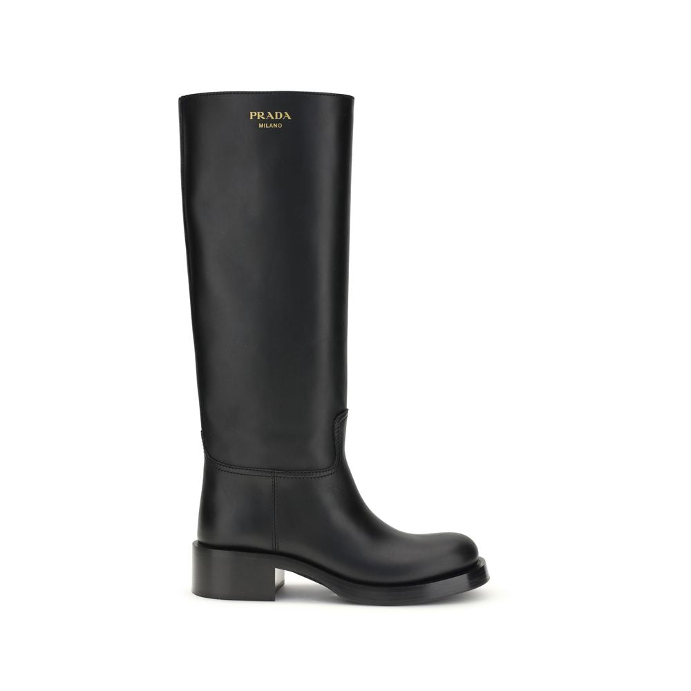 Prada Black Calf Leather Bos Taurus High Heel Boots