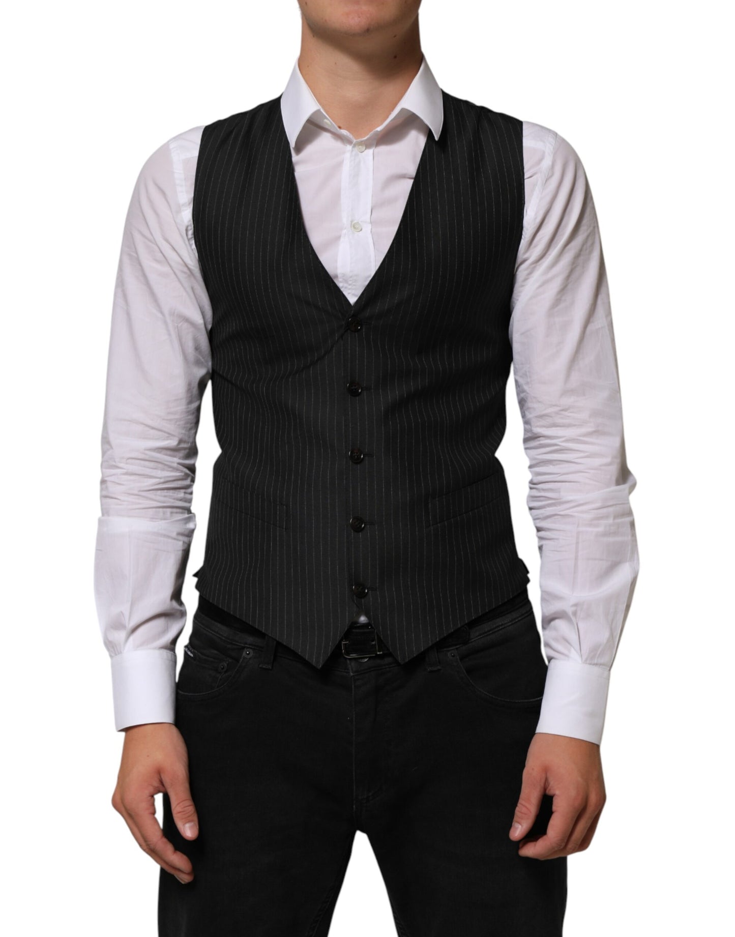 Dolce & Gabbana Black Wool Men Dress Formal Waistcoat Vest