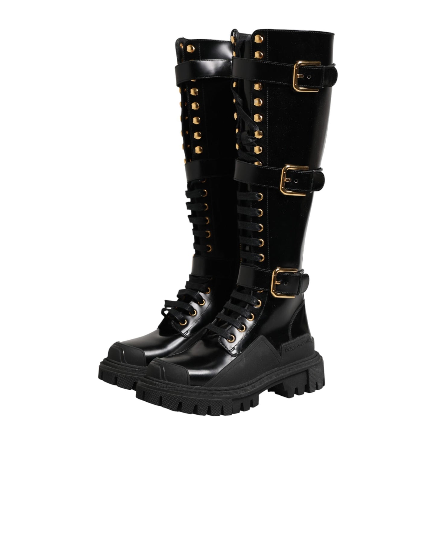 Dolce & Gabbana Black Buckle Embellished Knee High Boots Shoes