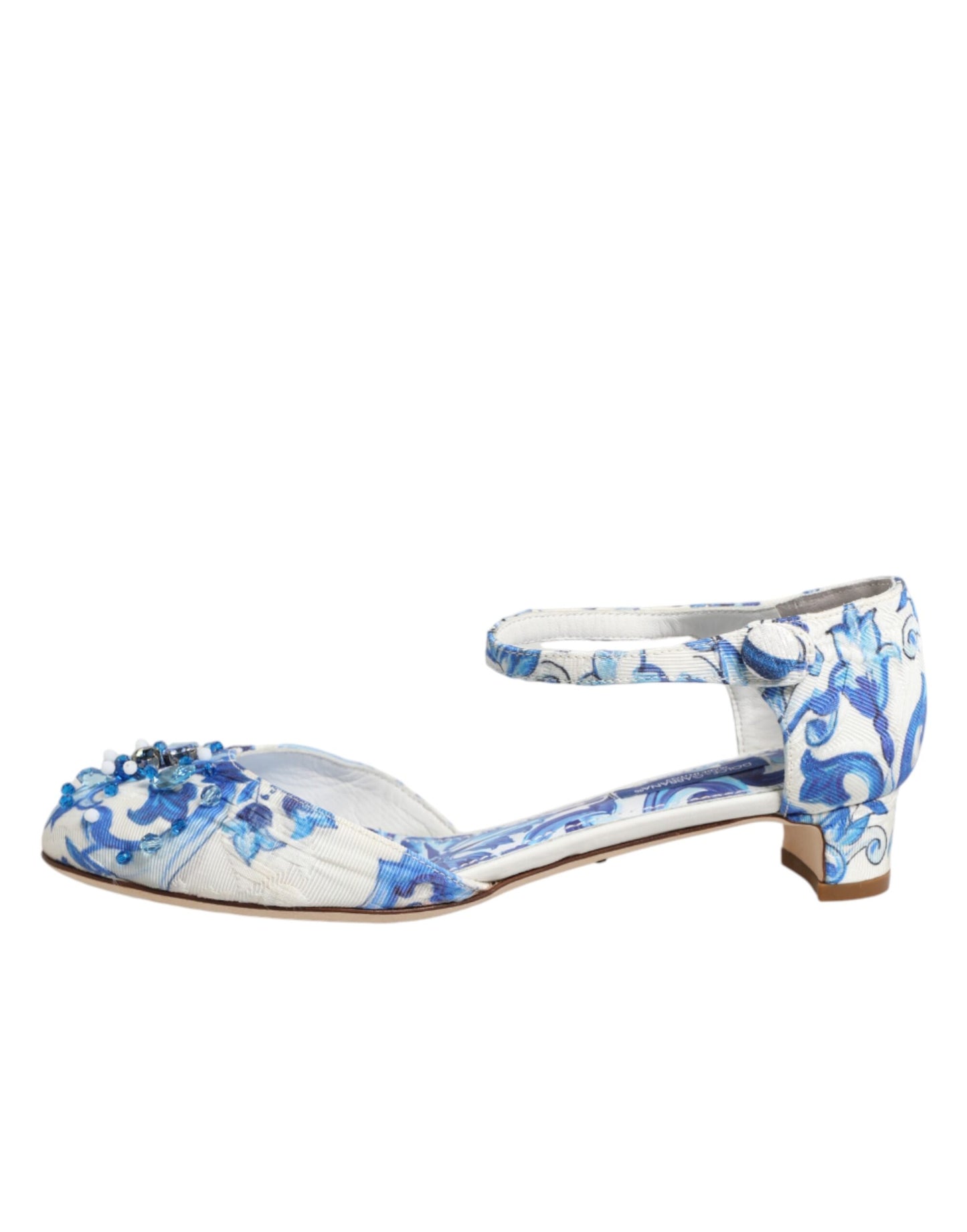 Dolce & Gabbana White Blue Floral Crystal Ankle Straps Shoes