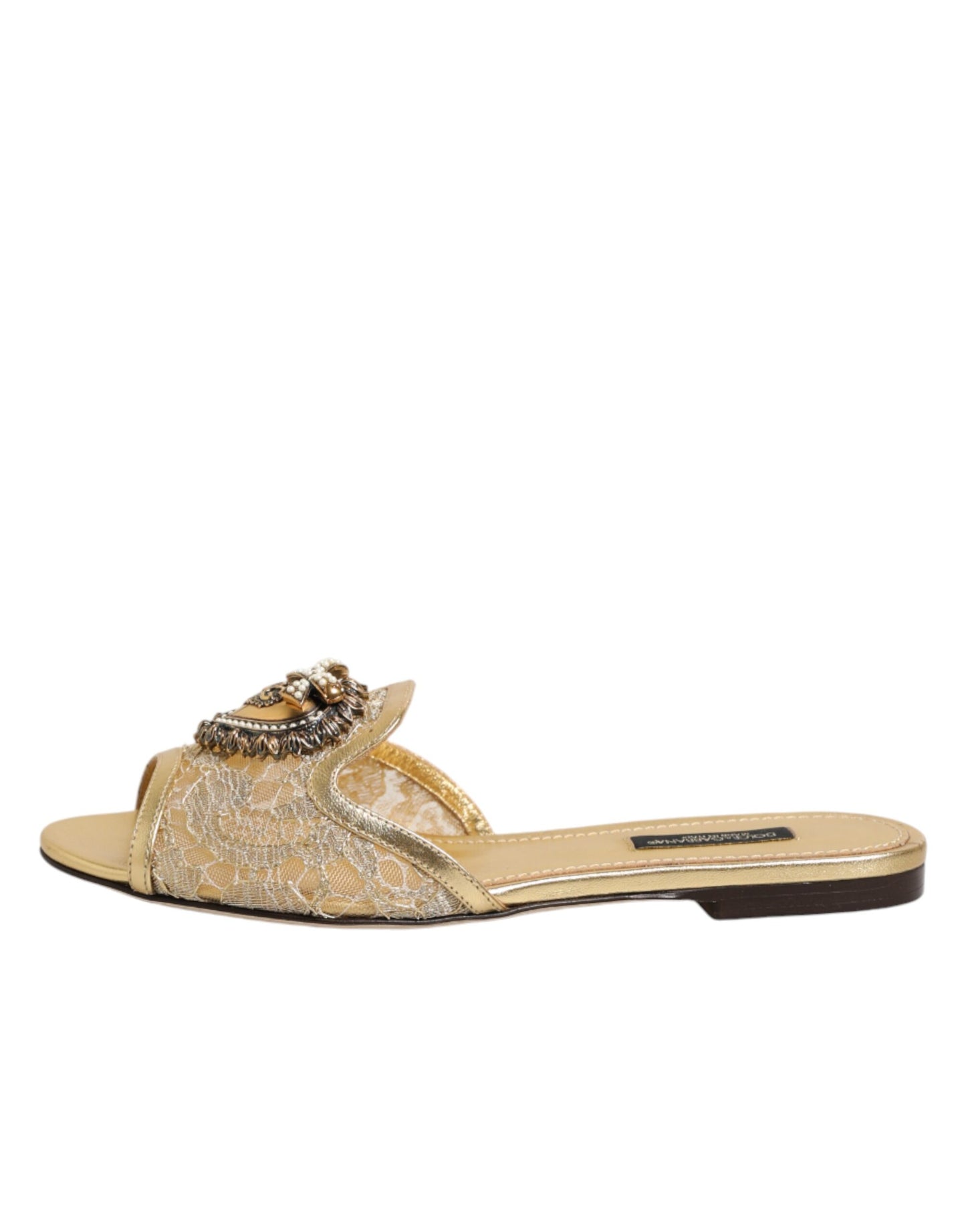 Dolce & Gabbana Gold Devotion Lace Flats Slip On Sandals Shoes
