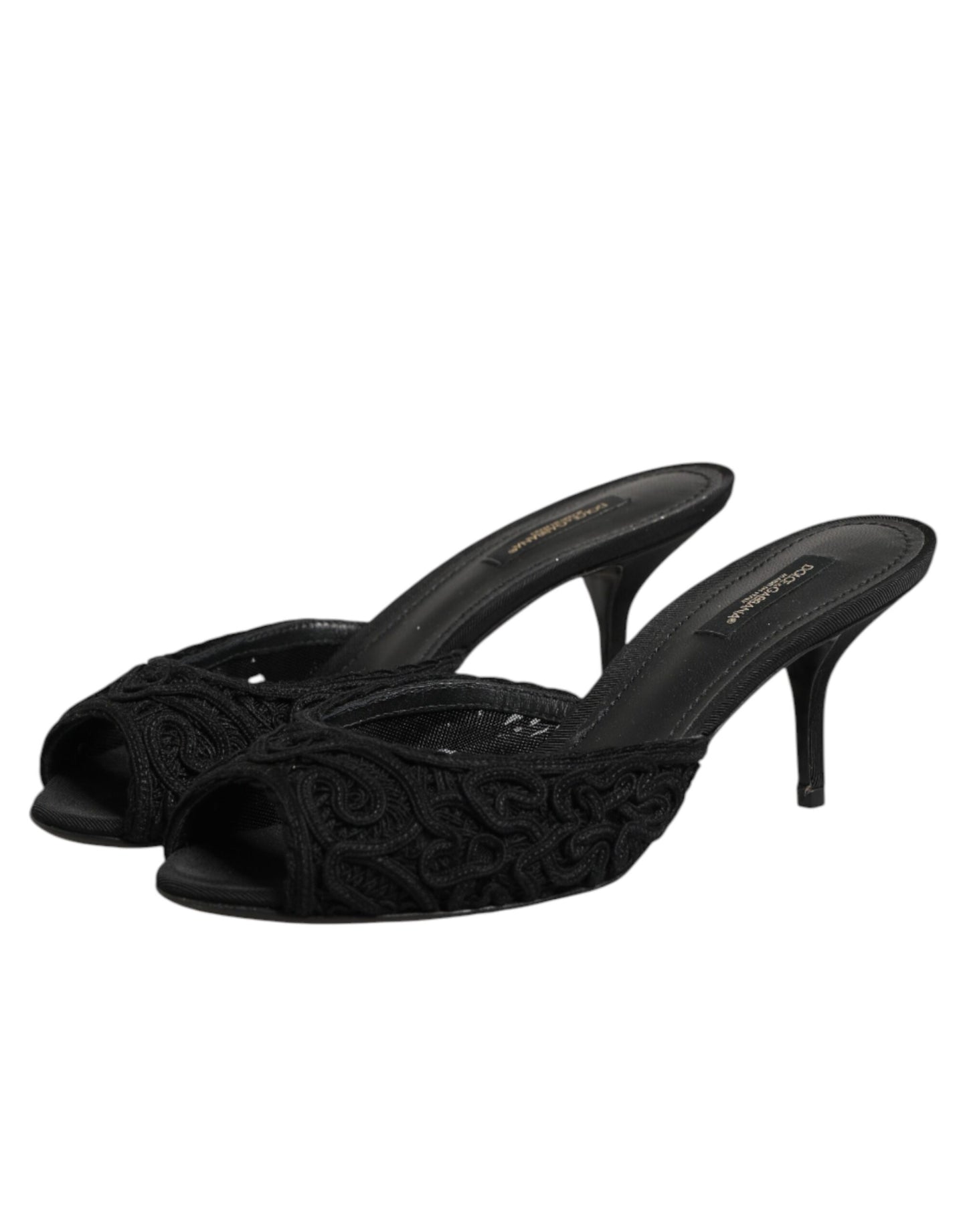 Dolce & Gabbana Black Embroidered Slip On Heels Slides Shoes