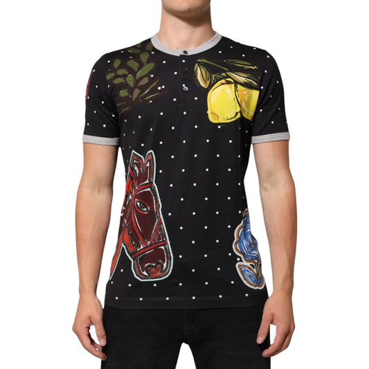 Dolce & Gabbana Black Polka Dot Lemons Horse Henley T-Shirt Mens T-Shirt