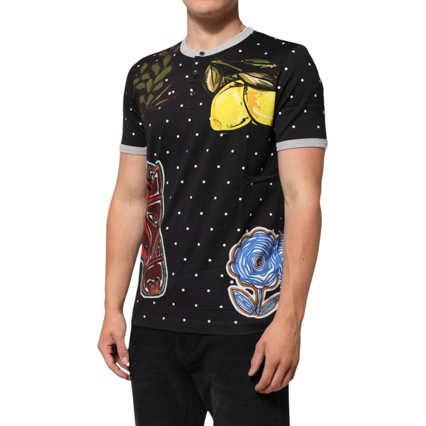 Dolce & Gabbana Black Polka Dot Lemons Horse Henley T-Shirt Mens T-Shirt