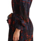 Ballantyne A-line Navy Blue Floral Silk Long Sleeve Knee Length Dress