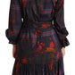 Ballantyne A-line Navy Blue Floral Silk Long Sleeve Knee Length Dress