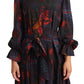 Ballantyne A-line Navy Blue Floral Silk Long Sleeve Knee Length Dress