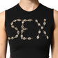 Dolce & Gabbana Black Jersey Lace Ruching Rhinestone Tank Top