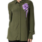 Boutique Moschino Top Green Acetate Collared Long Sleeves Floral Top
