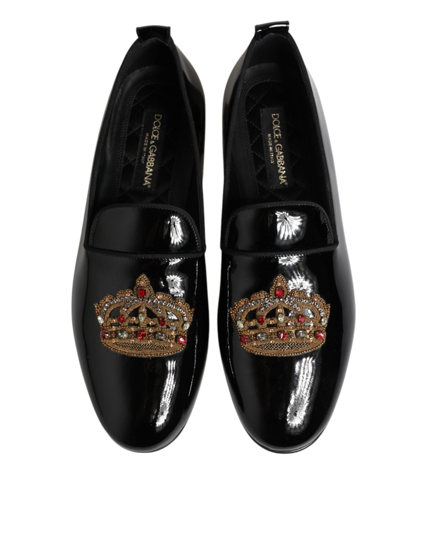 Dolce & Gabbana Black Leather Gold Crown Mens Loafers Shoes