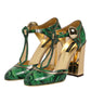 Dolce & Gabbana Green Leather T-STRAPS Heels Sandals Shoes