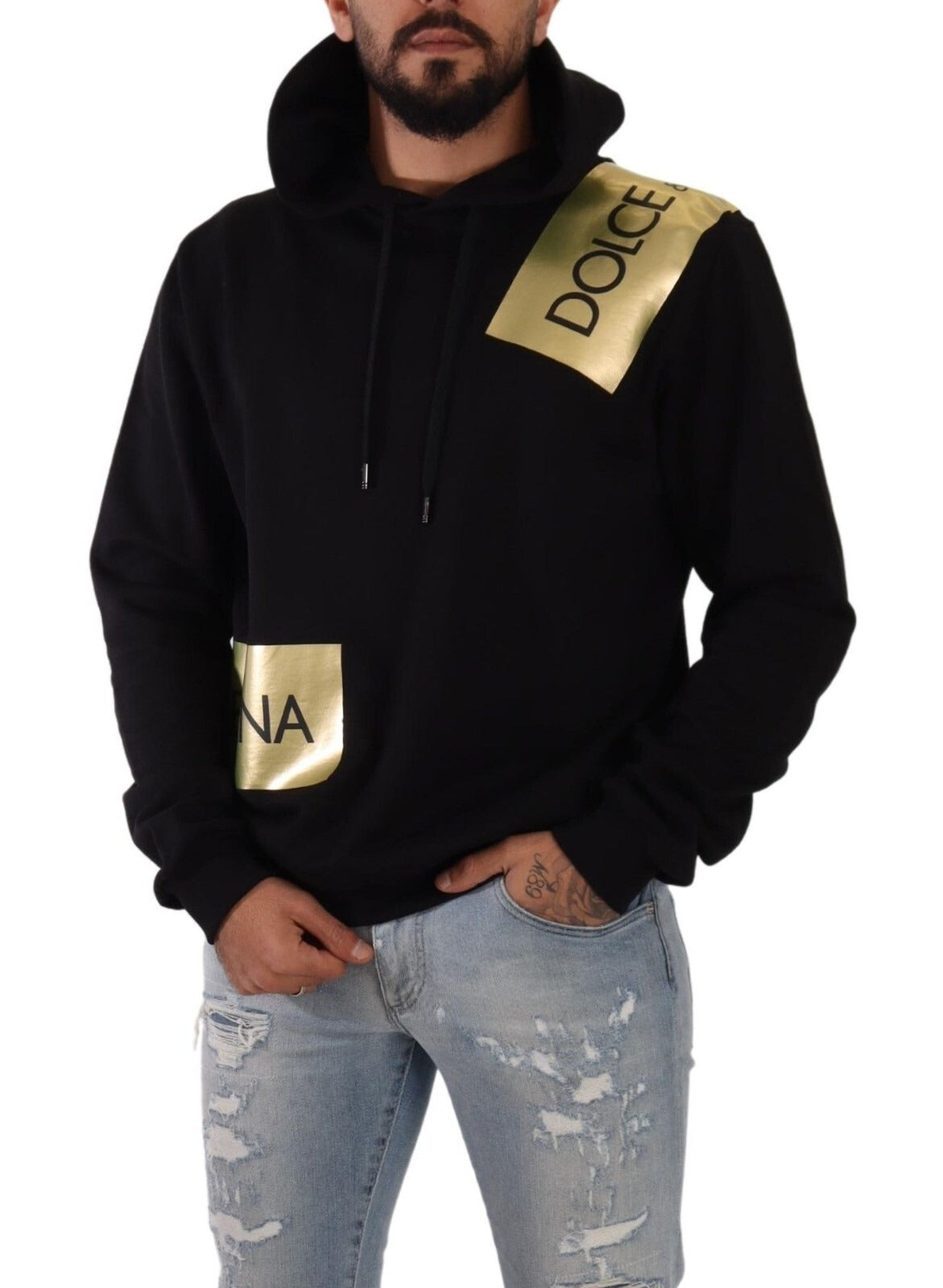 Dolce & Gabbana Black Gold Hooded Cotton Mens Pullover Sweater Mens Sweater