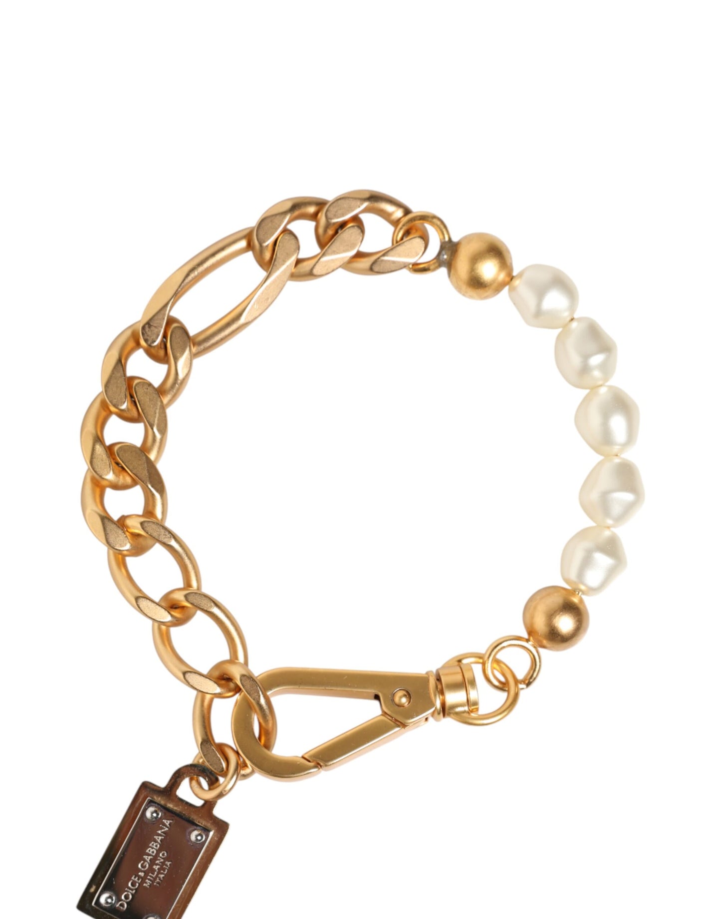 Dolce & Gabbana Gold Tone Brass Faux Pearl Logo Embellish Charm Bracelet Womens Bracelet