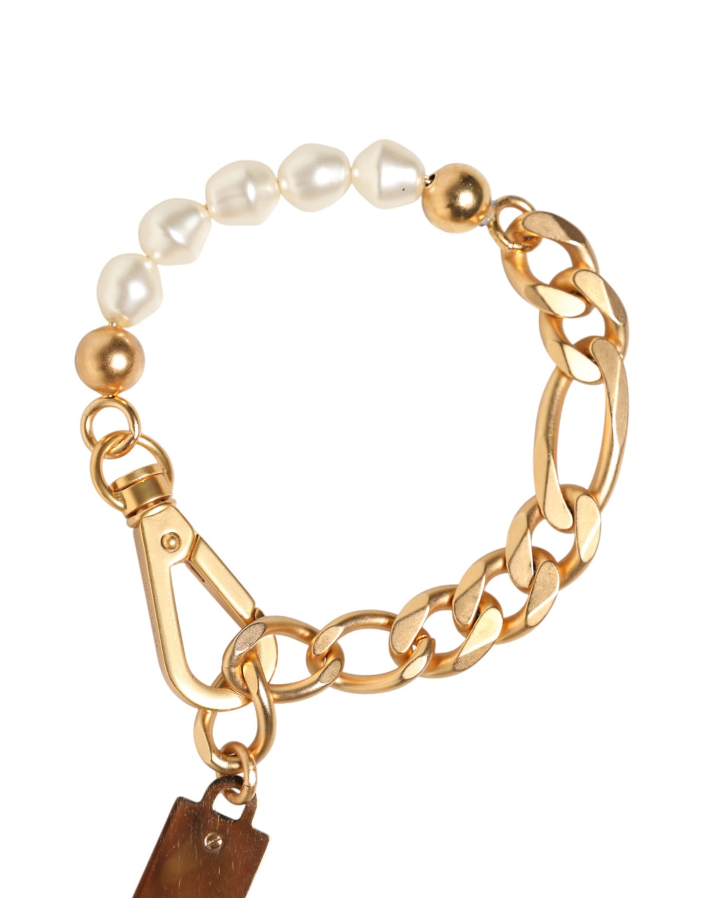 Dolce & Gabbana Gold Tone Brass Faux Pearl Logo Embellish Charm Bracelet Womens Bracelet