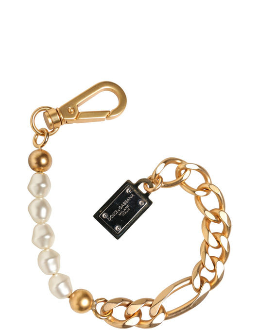 Dolce & Gabbana Gold Tone Brass Faux Pearl Logo Embellish Charm Bracelet Womens Bracelet