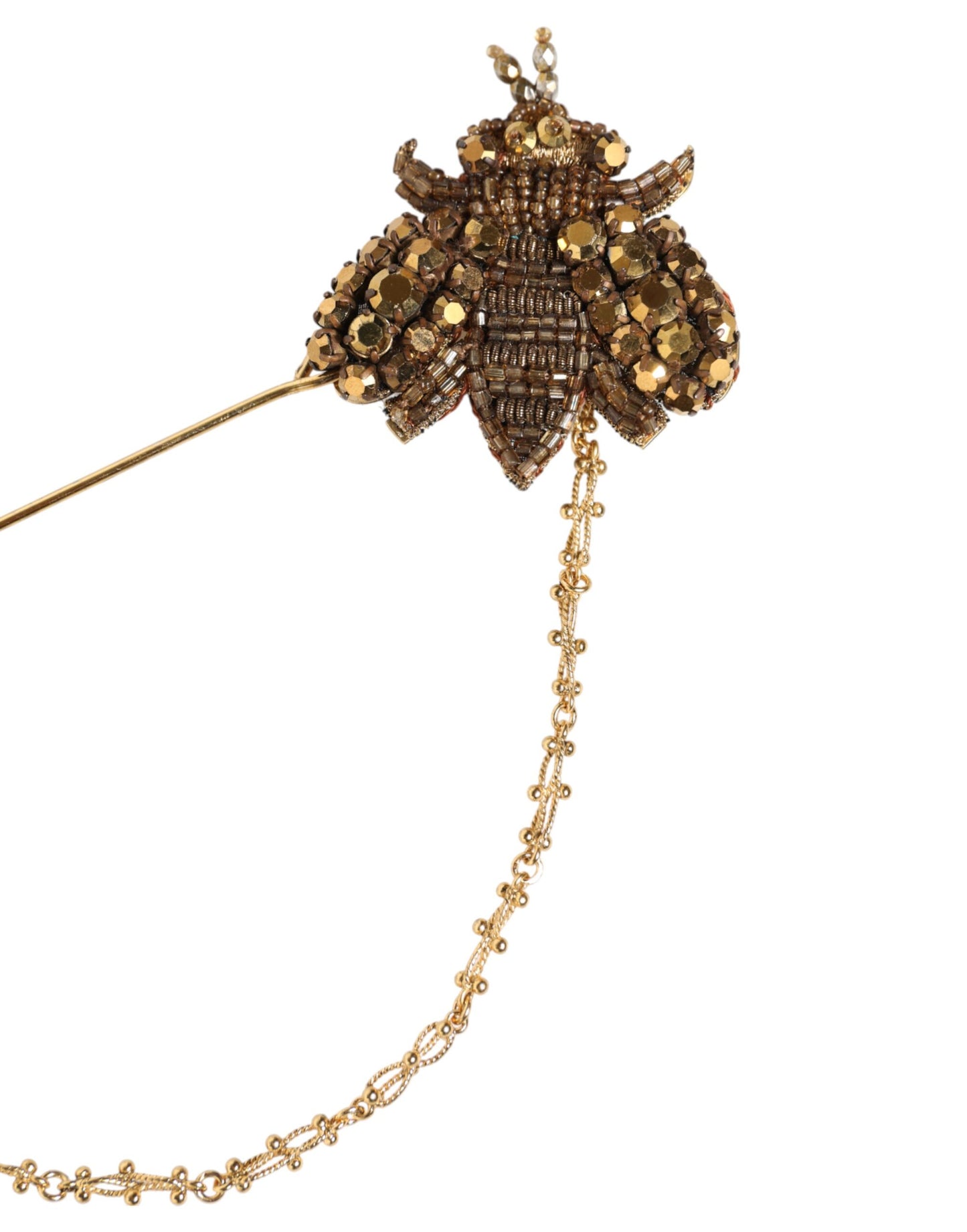 Dolce & Gabbana Gold Tone Brass Bee Embellished Chain Lapel Pin Brooch Womens Brooch