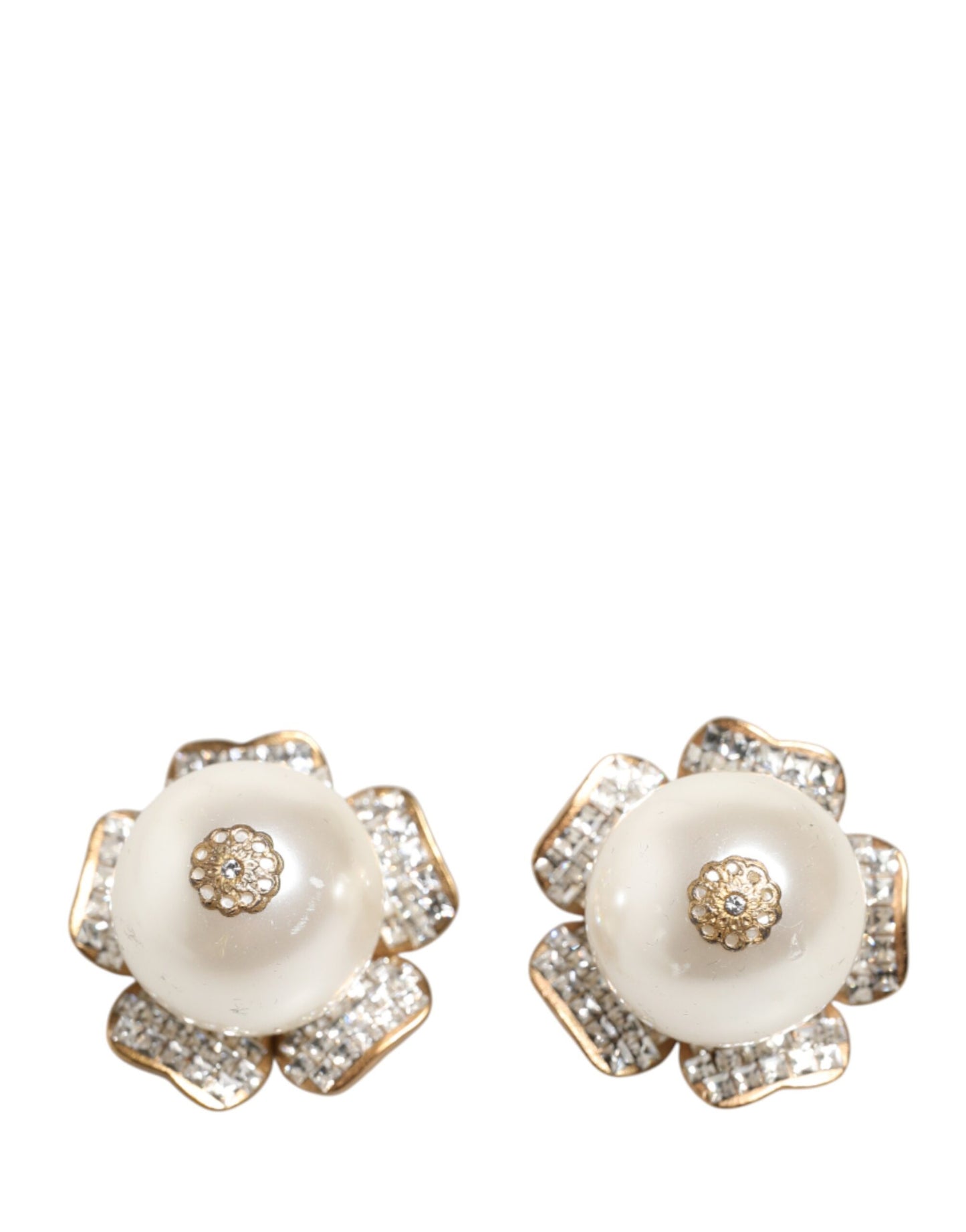 Dolce & Gabbana Gold Tone Maxi Faux Pearl Floral Clip-on Jewelry Earrings Womens Earrings